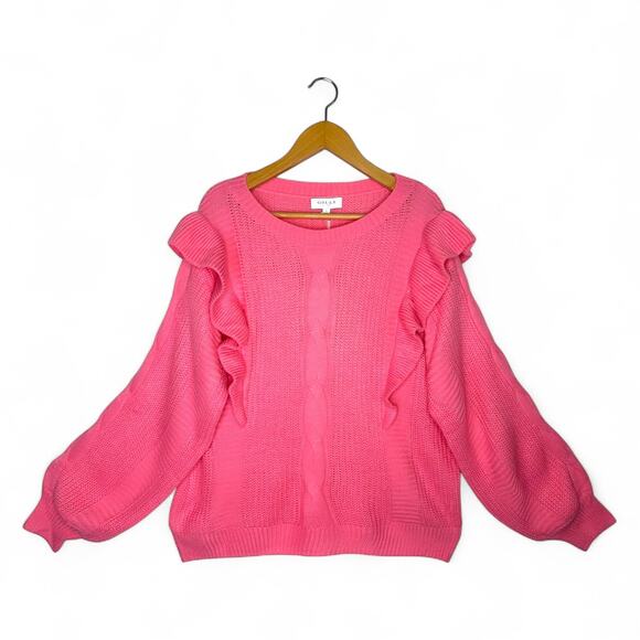 Gilli NWT Women's Ruffle Cable Knit Pullover Sweater Size L Pink Slouchy Ribbed - Picture 1 of 10